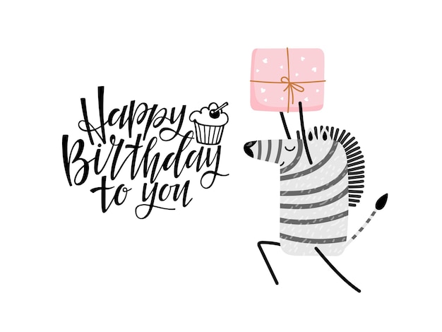 Happy birthday to you zebra carries gift with pink packaging funny character for birthday