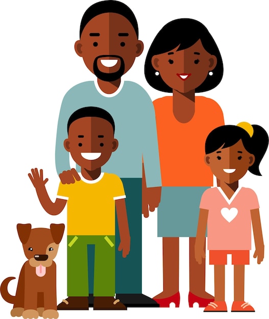 Vector happy black african american family with two children and pet dog standing together