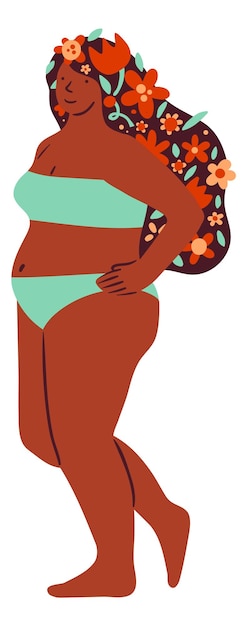 Happy black body positive woman in swimming suit