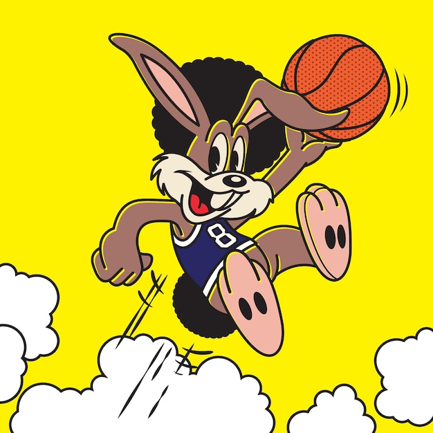 happy black bunny basketball player jumping yellow background