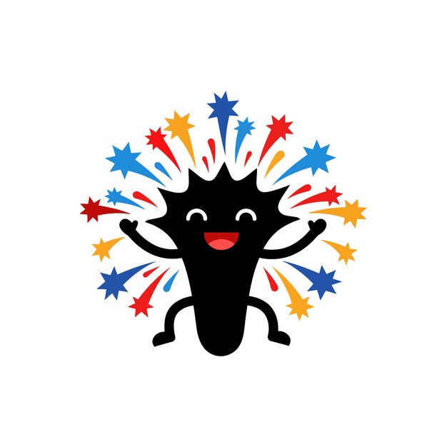 다채로운 빨간색, 파란색 및 오렌지색 스타버스트 불꽃놀이 축제 터 일러스트레이션으로 행복한 검은색 만화 캐릭터
