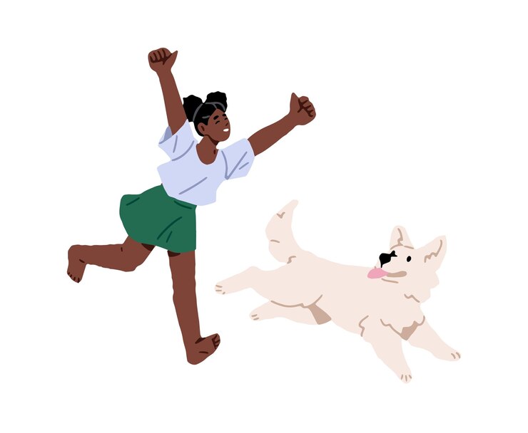 Vector happy black kid has fun plays with her cute dog funny child runs with puppy together hands up for joy little girl strolls walks amusing pup flat isolated vector illustration on white background