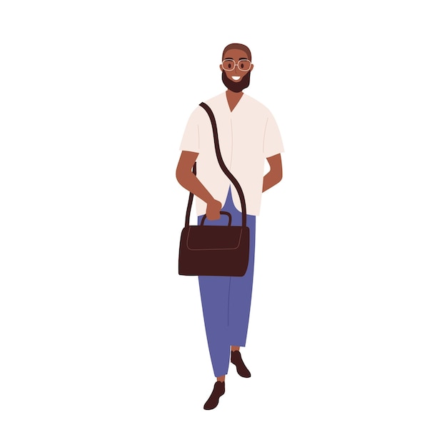 Happy black man full-length portrait. Modern young bearded person in glasses. Smiling African-American guy in casual clothes walking with bag. Flat vector illustration isolated on white background