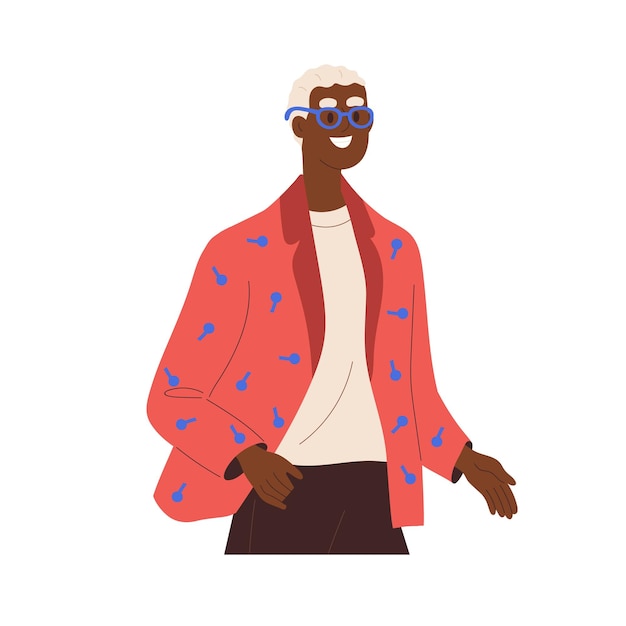 Happy black man wearing modern apparel, glasses. smiling stylish person in trendy outfit, clothes. african-american character with blonde hair. flat vector illustration isolated on white background