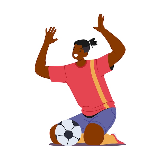 Vector happy black sportsman soccer player celebrating win after goal male character in football sportswear victory rejoice