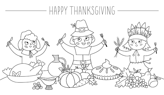 Happy black and white pilgrims and native American Indian give thanks for the food Thanksgiving Day line characters and traditional holiday meal illustration Vector outline autumn table scenexA