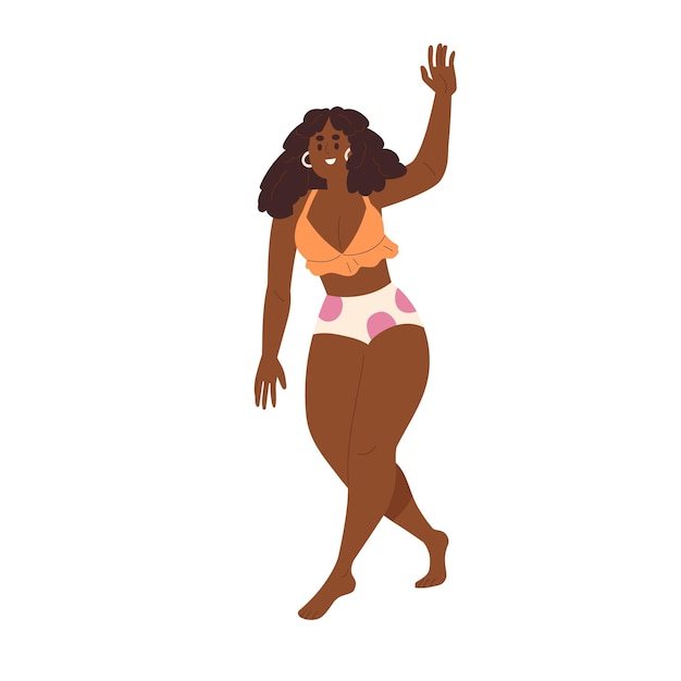 Счастливая негритянка в бикини, идет и приветствует приветственным жестом, машет рукой. Улыбающаяся афроамериканка в пляжных купальниках летом. Плоская векторная иллюстрация на белом фоне.