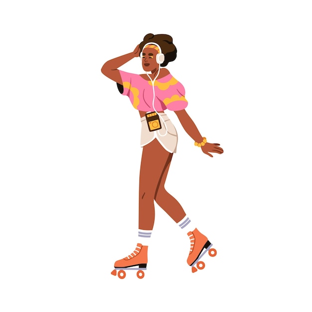 Vector happy black woman skating on roller skates rolling shoe girl skater in headphones listen to music fashion female character in retro 80s style flat vector illustration isolated on white background