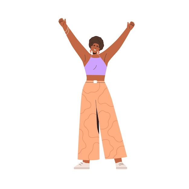 happy black woman with arms raised young africanamerican female with hands up smiling enjoying carefree joyful expression triumph pose flat vector illustration isolated on white background