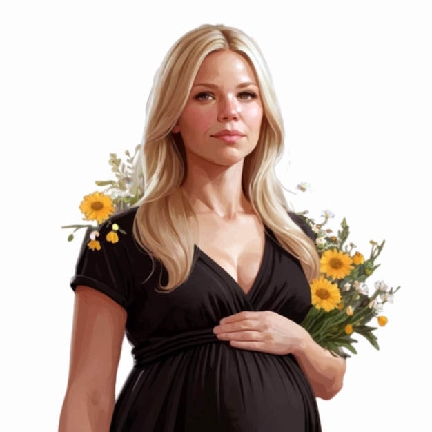 Happy blond pregnant woman hugging her belly wearing black dress