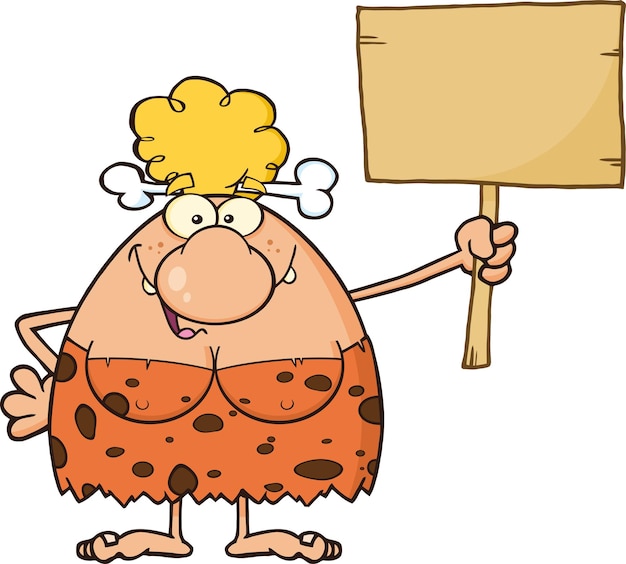 Happy blonde cave woman cartoon mascot character holding a wooden board