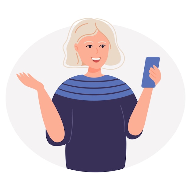 Vector happy blonde woman uses smartphone talking to smb