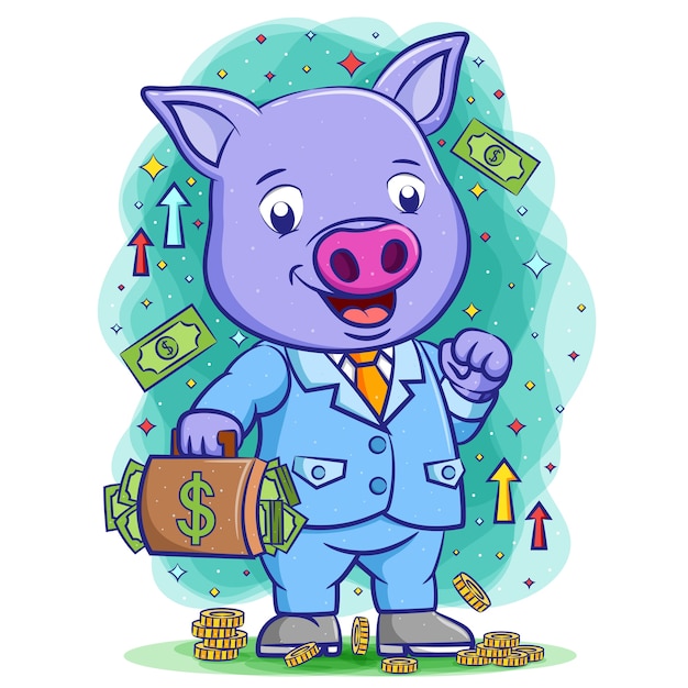 The happy blue boss pig holding the bag with a lot of money