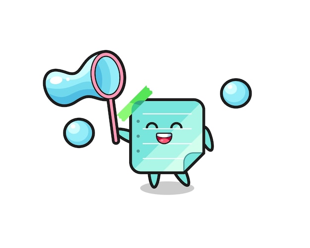 Happy blue sticky notes cartoon playing soap bubble , cute style design for t shirt, sticker, logo element