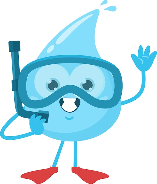 Happy Blue Water Drop Cartoon Character With Snorkel Waving Vector Illustration