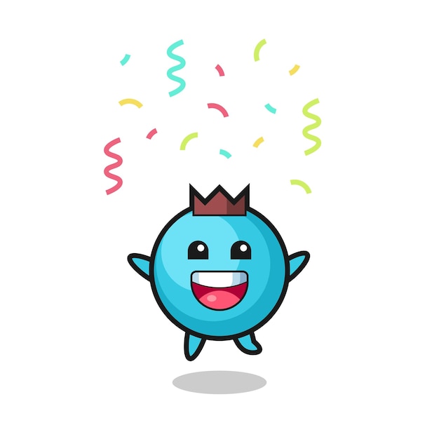 Happy blueberry mascot jumping for congratulation with colour confetti