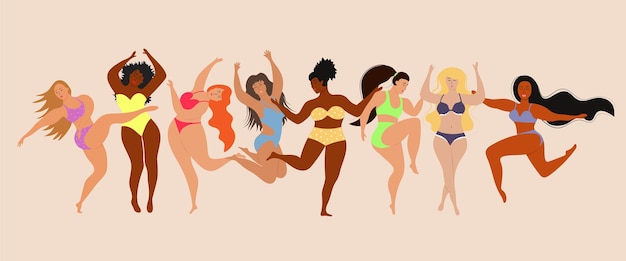 Vector happy body positive women. body positive concept with different sizes and races women. feminism, self-acceptance and liberty.