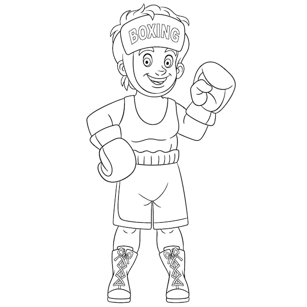 Happy boy in boxing gloves. Cartoon coloring book page for kids.