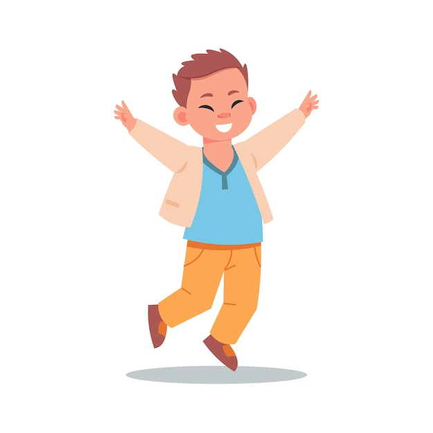 Happy boy Cartoon child smiling and laughing Isolated cheerful teenager jumping School kids friendship Joyful persons pose and gesture Teen playing active game Vector baby fun