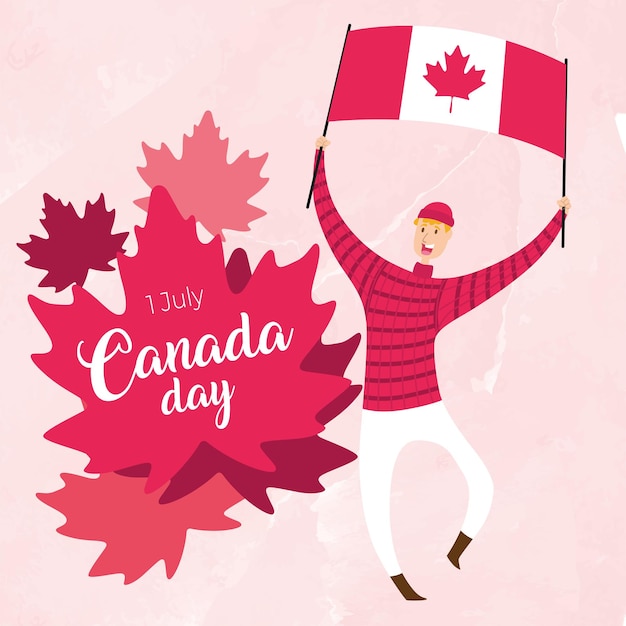 Happy boy cartoon waving a flag of Canada Happy Canada day Vector