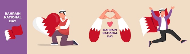 Happy boy celebrates Bahrain national day with love and Bahrain flag Bahrain national day set concept Flat vector illustrations isolated