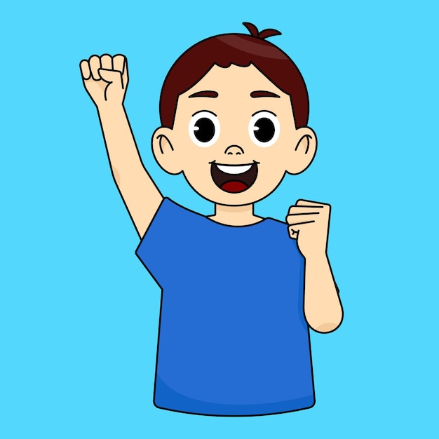 Счастливый мальчик празднует победу успех сжимая кулаки одна рука поднята