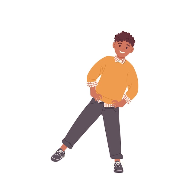 Happy boy child character doing physical exercise or dancing moving legs having fun feeling good