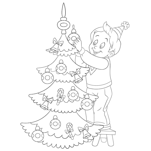 Happy boy decorating Christmas tree. Cartoon coloring book page for kids.