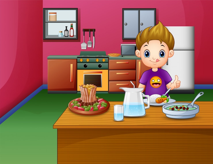 वेक्टर happy boy eating at the dining table
