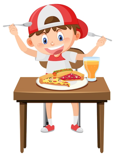 Vector happy boy enjoy eating food on table