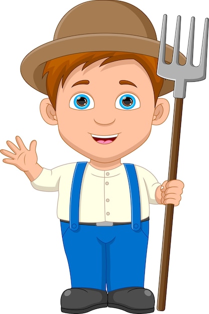 Premium Vector | Happy boy farmer holding a rake