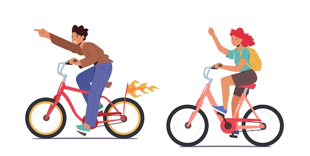 Vector happy boy and girl characters bicycle trip