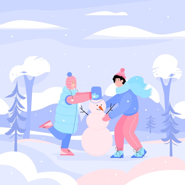 A happy boy and a girl make a snowman in the forest