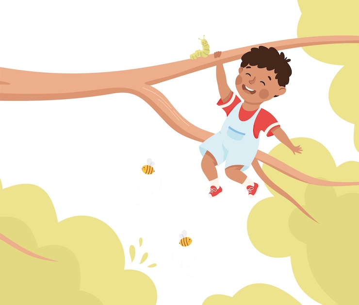 Vector happy boy hanging on tree branch having fun enjoying summer vector illustration