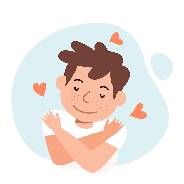 Vector happy boy hugging himself with heart icons self care self love