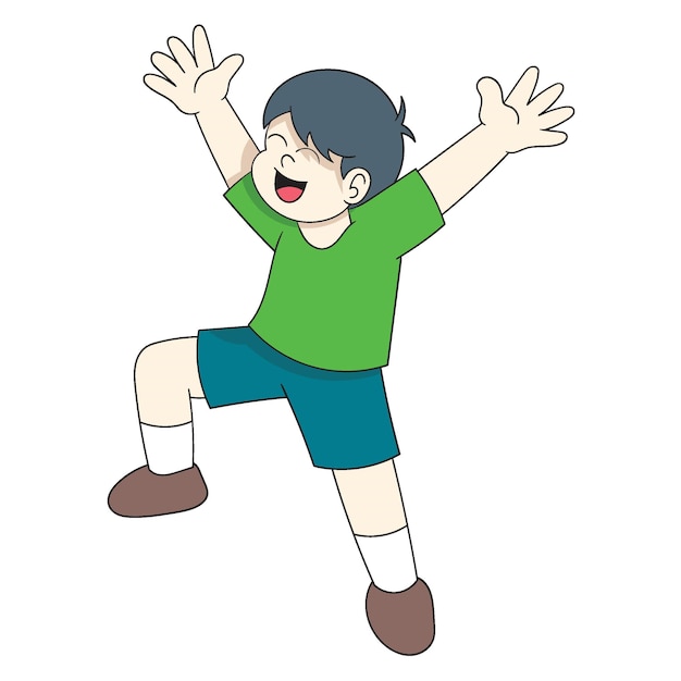 행복 한 소년 은 행복 한 소식 을 듣고 기 으로 점프 하고 있다
