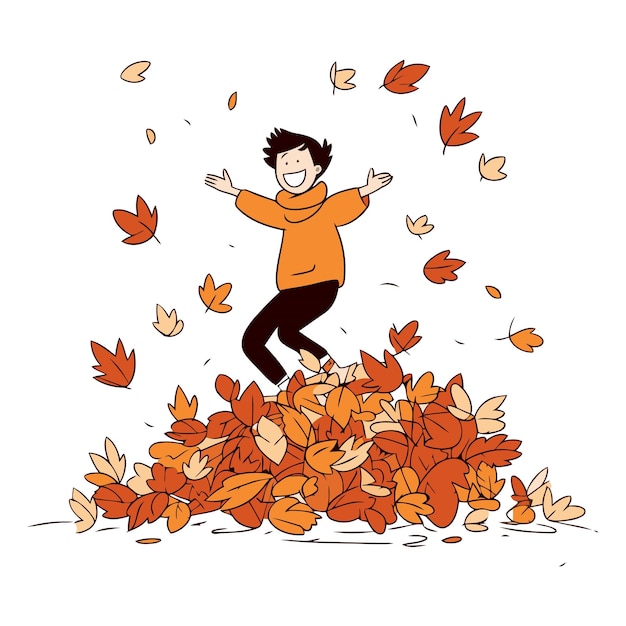 Vettore ragazzo felice che salta sulle foglie d'autunno sullo sfondo in stile cartone animato