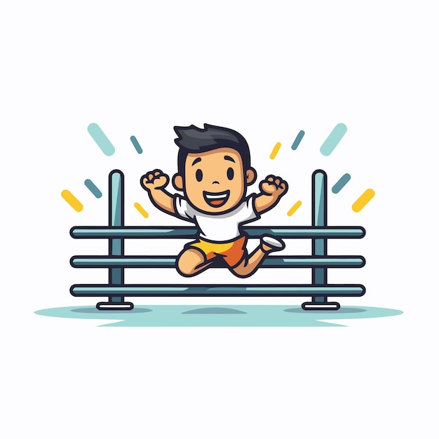 Счастливый мальчик прыгает через барьер Векторная иллюстрация в плоском стиле мультфильма