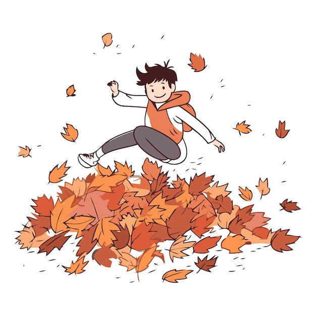 Vector happy boy jumping on pile of autumn leaves vector hand drawn illustration