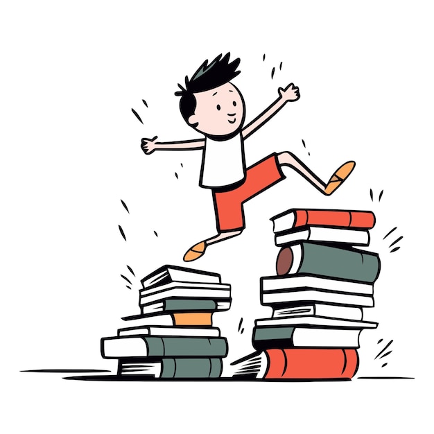 Happy boy jumping on pile of books Vector hand drawn illustration