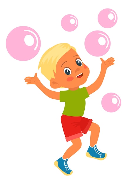 Happy boy jumping with soap bubble flying in air isolated on white background