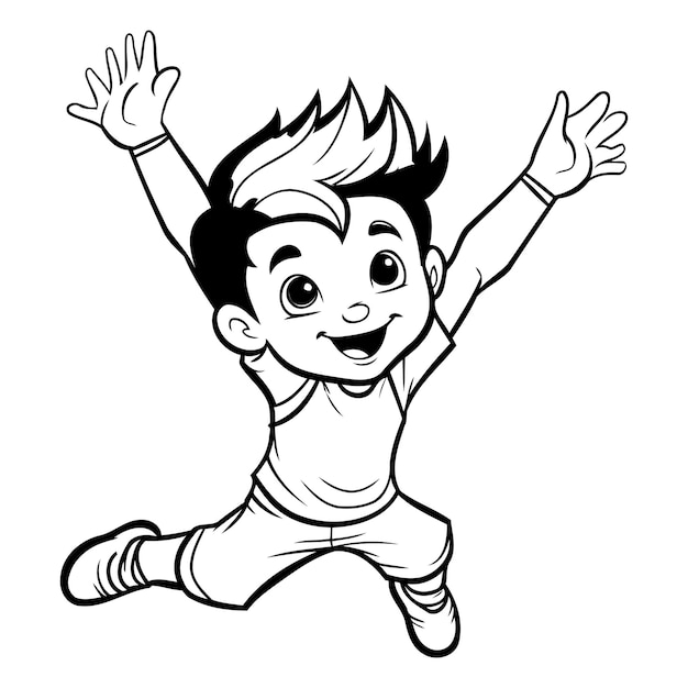 Happy Boy Jumping zwart-wit cartoon illustratie vector