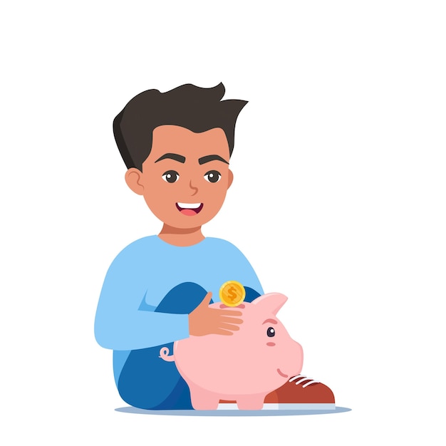 Happy boy kid putting a gold coin into a piggy bank Money saving economy Vector illustration