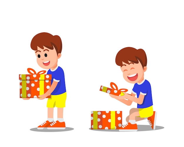 happy boy krijgt een cadeautje en maakt het opgewonden open