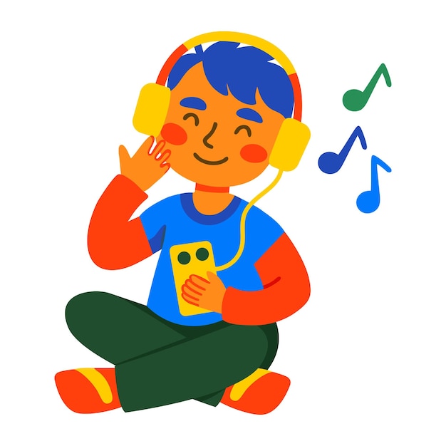 happy boy listening music flat icon