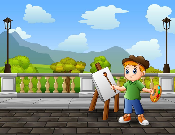 वेक्टर happy boy paint landscapes on a canvas