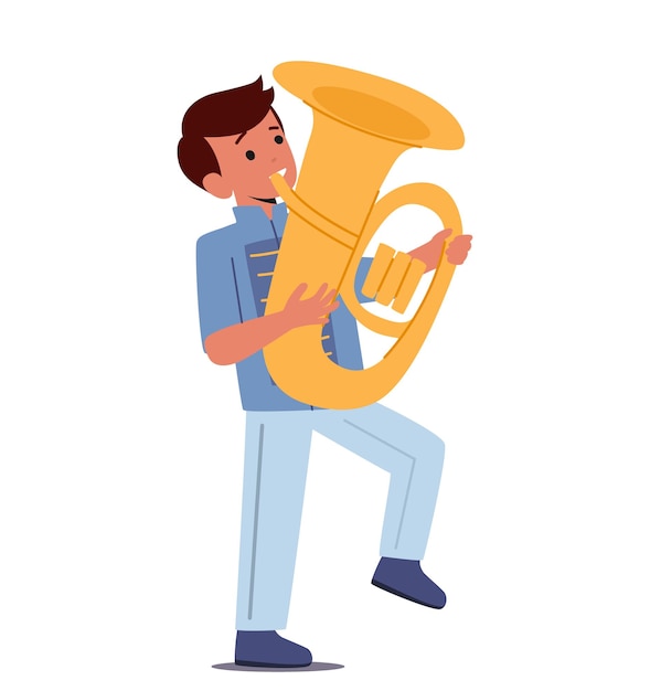 Vector happy boy play festival music with tuba during parade marching isolated on white background kid character in uniform