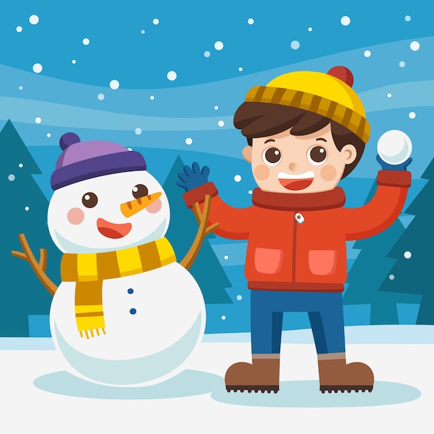 Vector happy boy play outdoors in snow. a boy having fun with snowman on a snowy winter walk.