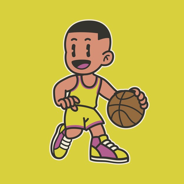 Happy Boy Playing Basketball in Vintage Style