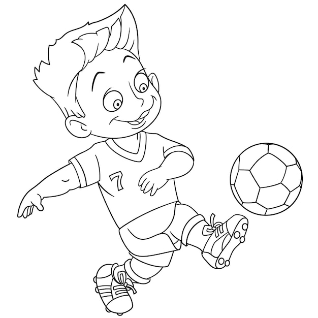 サッカーをしている幸せな少年。子供のための漫画の塗り絵ページ。